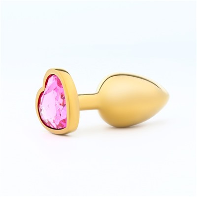 Анальная пробка Оки- Чпоки, золотая, кристалл розовый, в форме сердца, D = 28 мм