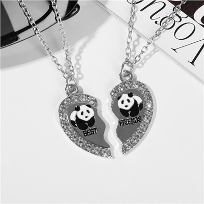 Кулоны "Неразлучники" сердечко с пандами, цвет чёрно-белый в серебре, 45 см