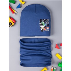Шапка трикотажная для мальчика формы лопата, мишка в кепке + снуд, синий