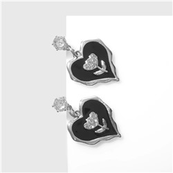 Серьги эмаль "Сердца" с тюльпанами, цвет бело-чёрный в серебре