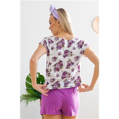 Комплект женский из футболки со спущенным плечом и шорт из кулирки Fairy-tale цветы на белом