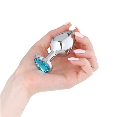 Анальная пробка Оки- Чпоки, серебряная, кристалл голубой, D = 34 мм