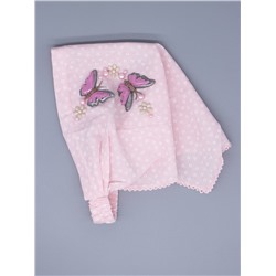 Косынка для девочки на резинке, мелкий горошек, сбоку две серые бабочки, светло-розовый
