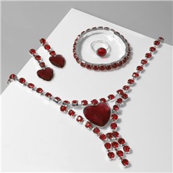 Набор 4 предмета: серьги, колье, браслет, кольцо "Сердце" в кругах, цвет красный в серебре