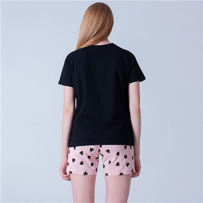 Комплект женский домашний (футболка/шорты), цвет чёрный/розовый, размер 42