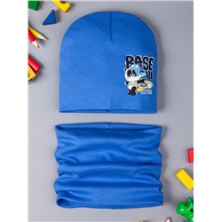 Шапка трикотажная для мальчика формы лопата, мишка в кепке + снуд, темно-голубой