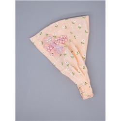 Косынка для девочки на резинке, цветы, розовый бантик из страз с розовыми бусинами, персиковый