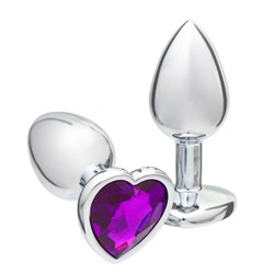 Анальная пробка Оки- Чпоки, серебряная, кристалл фиолетовый, в форме сердца, D = 28 мм