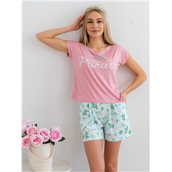 Комплект женский из футболки и шорт из кулирки Принцесса кактусы, розовый