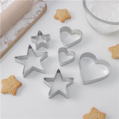 Набор форм для вырезания печенья Доляна «Сердце, звёздочка», 6 шт, 7×13×1,5 см, цвет хромированный