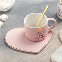 Чайная пара керамическая с ложкой «Поцелуй», 2 предмета: кружка 200 мл, тарелка 15,5×13,5 см, цвет МИКС