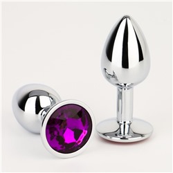 Анальная пробка Оки- Чпоки, серебряная, кристалл фиолетовый, D = 28 мм