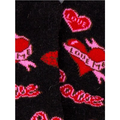 Носки шерстяные женские, LOVE, красные сердечки с розовой ленточкой, черный