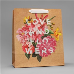 Пакет крафтовый вертикальный «Love and flowers», 23 х 27 х 11,5 см