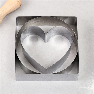 Набор форм для выпечки и выкладки "Круг, квадрат, сердце", 15 х 15 х 4,5 см, 3 шт.