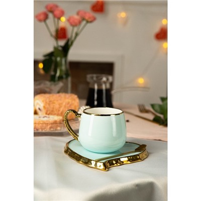 Чайная пара керамическая «Сердце», 2 предмета: чашка 320 мл, блюдце d=16,6 см, ложка, цвет голубой