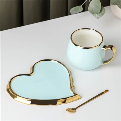 Чайная пара керамическая «Сердце», 2 предмета: чашка 320 мл, блюдце d=16,6 см, ложка, цвет голубой