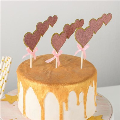 Набор топперов для торта «Сердечки», 3 шт, 20×13 см, цвет розовый
