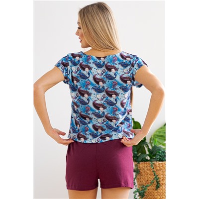 Комплект женский из футболки со спущенным плечом и шорт из кулирки Fairy-tale русалки, голубой