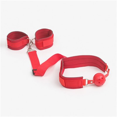 Кляп с наручниками Оки- Чпоки, регулируемые ремни, неопрен, стропа, PVC красный