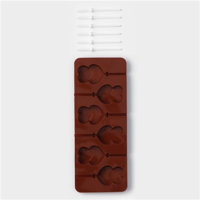 Форма силиконовая для леденцов Доляна «Влюблённость», 9,5×24×1 см, 6 ячеек (4,2×3,3 см), с палочками, цвет МИКС