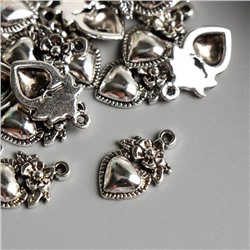 Декор для творчества металл "Сердце с цветком" серебро 2х1 см