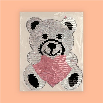 Термоаппликация двусторонняя «Медведь», с пайетками, 19 × 17 см, цвет розовый/серебряный