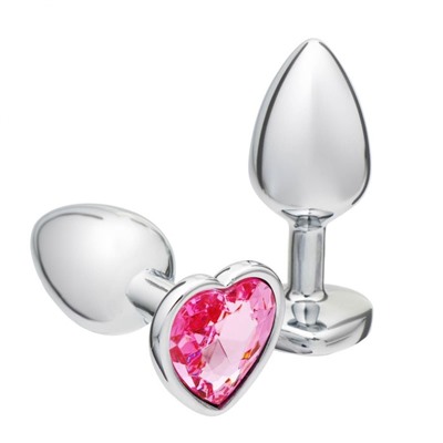 Анальная пробка Оки- Чпоки, серебряная, кристалл розовый, в форме сердца, D = 28 мм