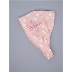 Косынка для девочки на резинке, горошки, розовый бантик из страз с розовыми бусинами, персиковый
