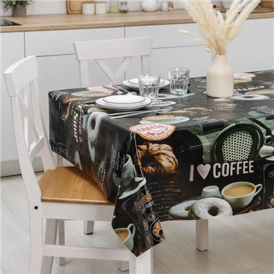 Клеёнка на стол на тканевой основе Доляна «Я люблю кофе», рулон 20 метров, ширина 137 см, цвет чёрный
