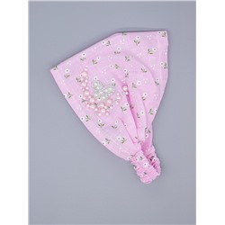 Косынка трикотажная для девочки на резинке, цветы, бусинки, бабочка из страз, розовый