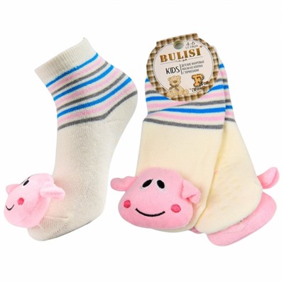 Махровые носки с тормозами и 3D игрушкой " BULISI NO.F20 " молочные р:4-6лет (17-19см)