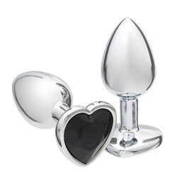 Анальная пробка Оки- Чпоки, серебряная, кристалл черный, в форме сердца, D = 28 мм