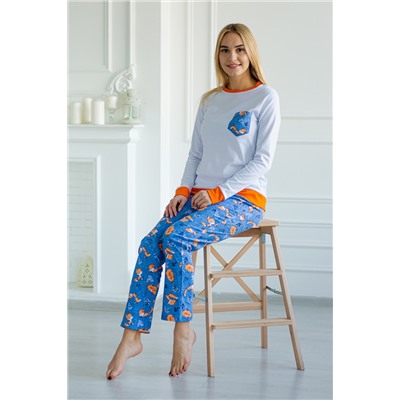 Пижама женксая из футболки с длинным рукавом и брюк из интерлока Лисичка синий
