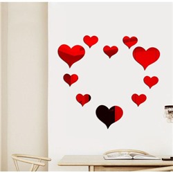 Декор настенный "Сердца", зеркальный, 10 элементов,14 х 15 см, 9 х 10 см, красный