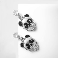 Серьги эмаль "Панды" с сердцами, цвет чёрно-белый в серебре
