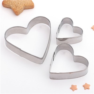 Набор форм для вырезания печенья Доляна «Сердечко», 3 шт, 6×6×1,8 см, цвет серебряный