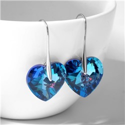 Серьги с кристаллами "Сияние сердца", цвет синий в серебре