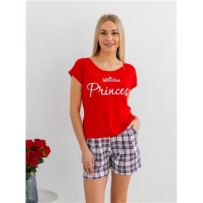 Комплект женский из футболки и шорт из кулирки Принцесса белая клетка, красный