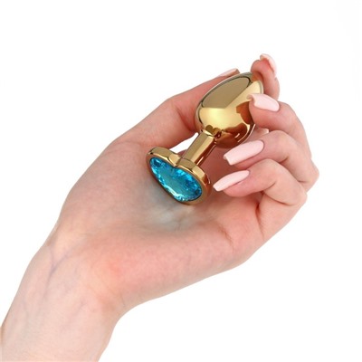 Анальная пробка Оки- Чпоки, золотая, кристалл голубой, в форме сердца, D = 28 мм