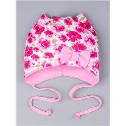 Шапка трикотажная для девочки с ушками на завязках, розочки, бантик, розовый