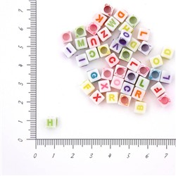 Бусины пластик Кубик-алфавит англ. 6х6мм (белый-цветной) 50г