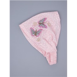 Косынка для девочки на резинке, сбоку две розовые бабочки, бусинки, светло-розовый