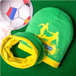 Набор: Шапка формы лопата с футбольным принтом+снуд из двойного трикотажа, зелено-желтый