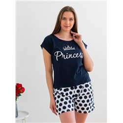 Комплект женский из футболки и шорт из кулирки Принцесса горох, темно-синий