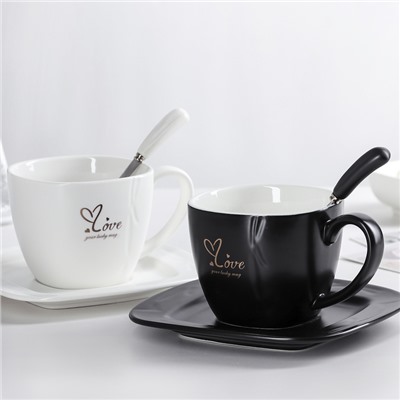 Чайная пара керамическая с ложкой Love, 2 предмета: чашка 380 мл, блюдце d=16 см, цвет МИКС
