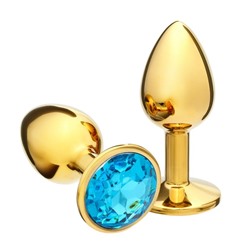 Анальная пробка Оки- Чпоки, золотая, кристалл голубой, D = 27 мм
