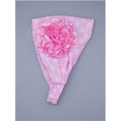 Косынка для девочки на резинке, белые цветочки, сбоку большой розовый цветок, розовый