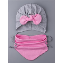 Чалма-тюрбан для девочки на завязках, розовый бант + нагрудник, серый